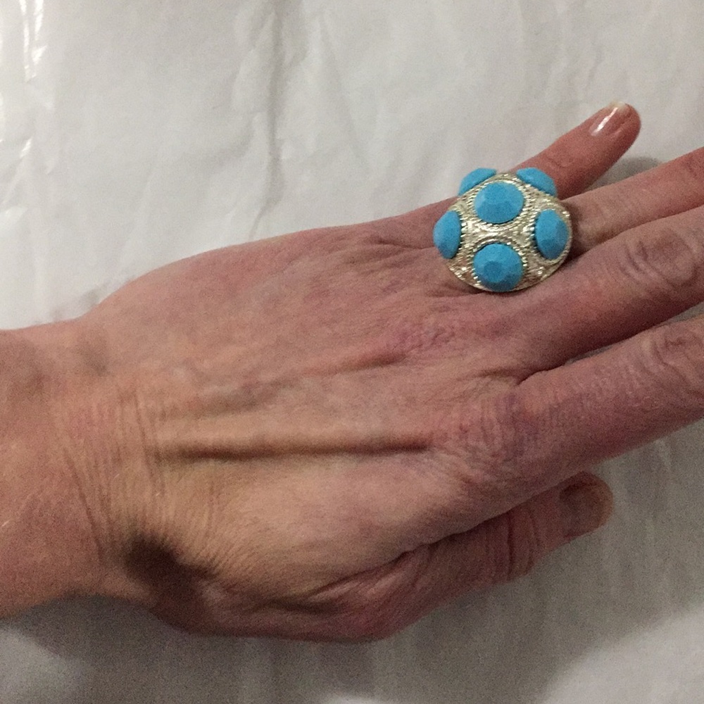 Boho Oversized Statement Ring Costume Silver Turq… - image 1